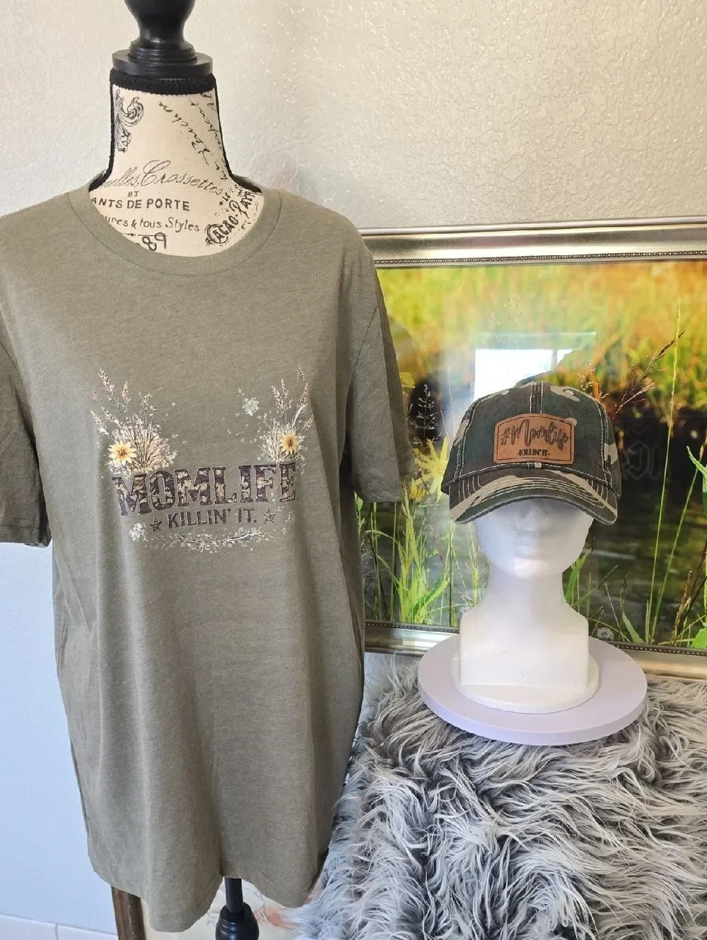 Mom Life Graphic Tee Camo Trucker Hat Set Bella Canvas Women’s Size Large